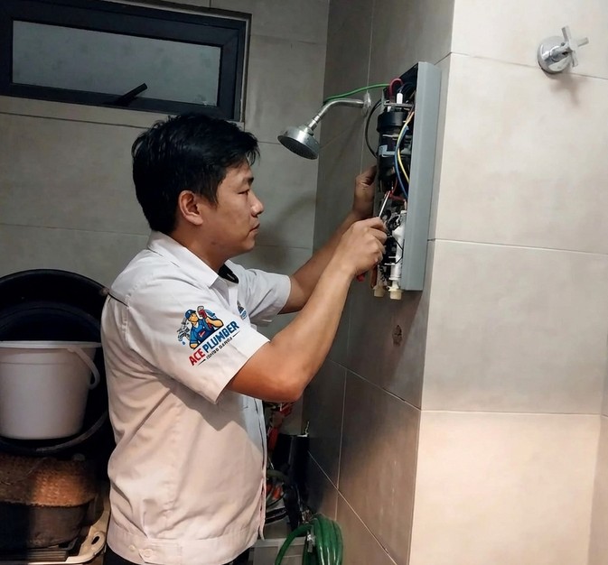 Technician servicing a storage water heater unit in a Malaysian home